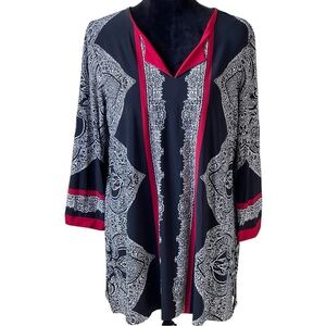 SUSAN GRAVER BLACK & RED PRINT TUNIC TOP SZ MED
